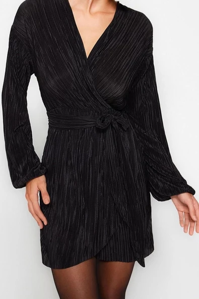 Moda Rahat Mezuniyet Balo Pilise Örme Kruvaze Uzun Kol Skater Mini Boy Elbise - Resim 2