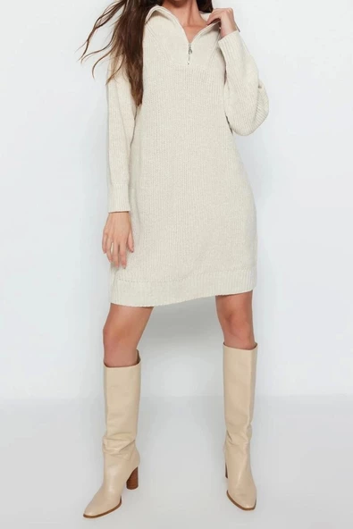 Moda Regular Casual Günlük Tek Plaka Triko Dik Yaka Uzun Kol Kazak Elbise Mini Boy Elbise
