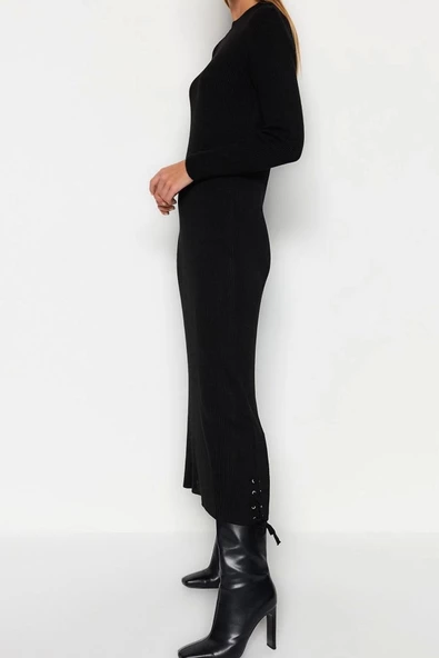 Moda Fit Casual Günlük Ribana Kaşkorse Triko Dik Yaka Uzun Kol Shift Maxi Boy Tesettür Elbise