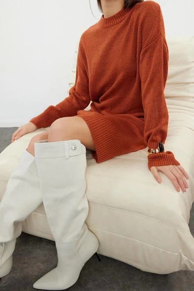 Moda Oversize Casual Günlük Çift Plaka Triko Bisiklet Yaka Uzun Kol Shift Mini Boy Elbise - 3