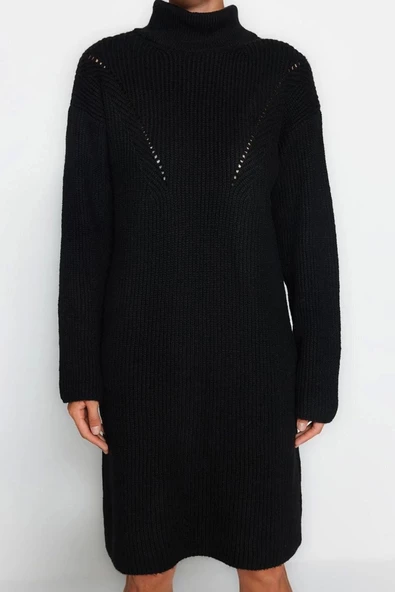 Moda Regular Casual Günlük Bürümcük Triko Dik Yaka Uzun Kol Kazak Elbise Mini Boy Elbise - 7