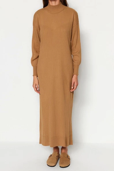 Moda Regular Günlük Ribana Kaşkorse Triko Bisiklet Yaka Uzun Kol Shift Maxi Boy Tesettür Elbise