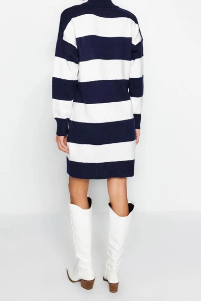 Moda Oversize Casual Günlük Bürümcük Triko Dik Yaka Uzun Kol Kazak Elbise Mini Boy Elbise - 5