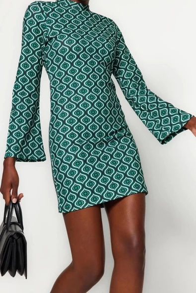 Moda Slim Business Krep Örme Dik Yaka Uzun Kol Bodycone Mini Boy Elbise