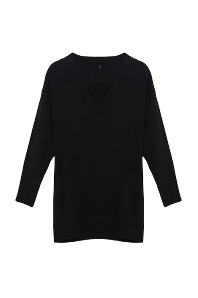 Moda Oversize Casual Günlük Dolu İğne Triko V Yaka Uzun Kol Kazak Elbise Mini Boy Elbise - 6