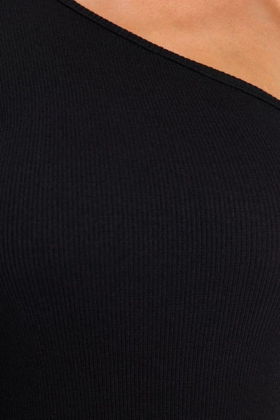 Moda Slim Casual Günlük Rejenere Kaşkorse Örme Asimetrik Yaka Uzun Kol Bodycone Mini Boy Elbise - 5