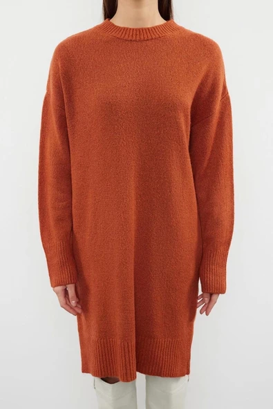 Moda Oversize Casual Günlük Çift Plaka Triko Bisiklet Yaka Uzun Kol Shift Mini Boy Elbise - 7