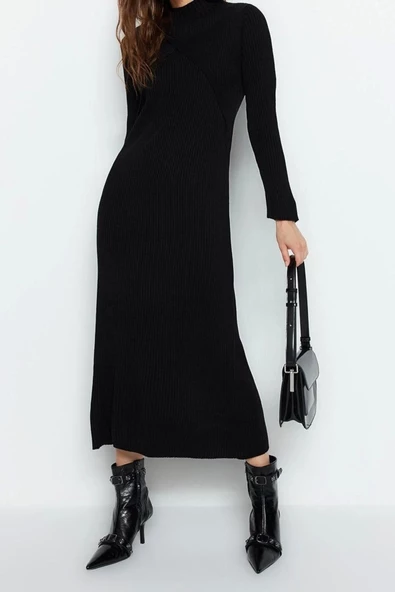 Moda Fit Casual Günlük Ribana Kaşkorse Triko Dik Yaka Uzun Kol Shift Maxi Boy Tesettür Elbise - 2