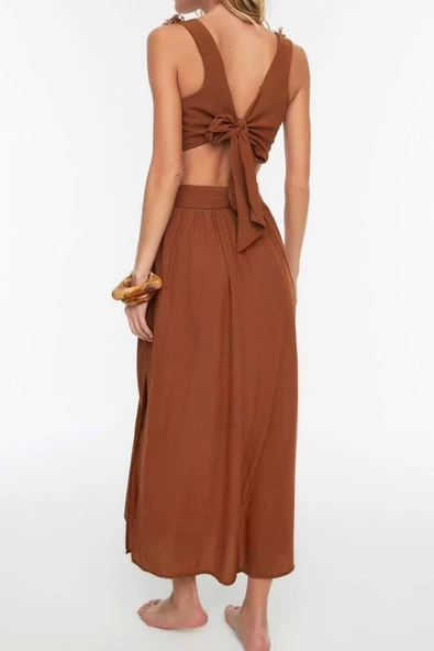 Moda Regular Plaj Günlük Shally Dokuma V Yaka Askılı Kol A-Line Maxi Boy Elbise - 5