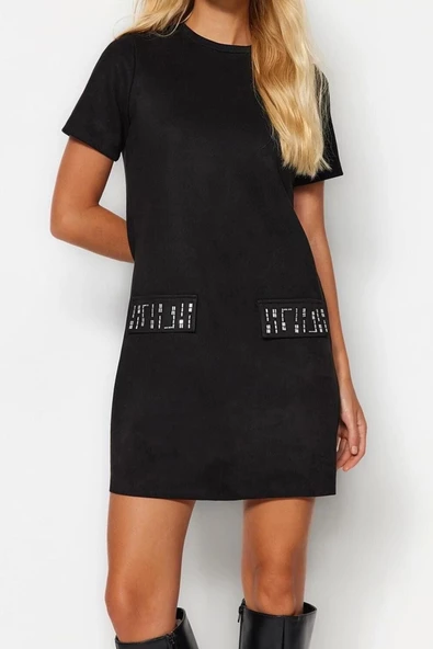 Moda Regular Business Süet Örme Bisiklet Yaka Kısa Kol A-Line Mini Boy Elbise