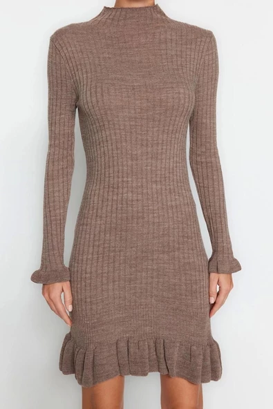 Moda Regular Casual Günlük Tek Plaka Triko Dik Yaka Uzun Kol Shift Mini Boy Elbise