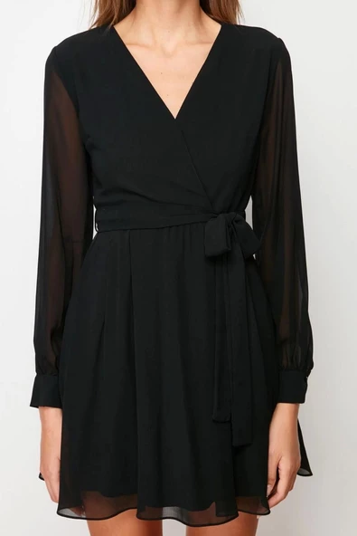 Moda Regular Casual Günlük Şifon Dokuma Kruvaze Uzun Kol A-Line Mini Boy Elbise - Resim 7