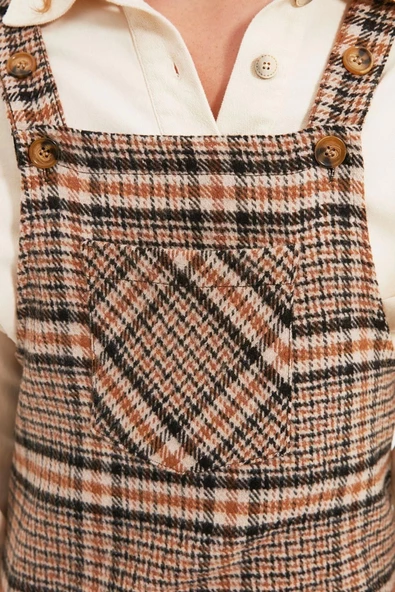 Moda Fit Casual Günlük Flanel Dokuma Kare Yaka Askılı Kol Jile Mini Boy Elbise - Resim 4