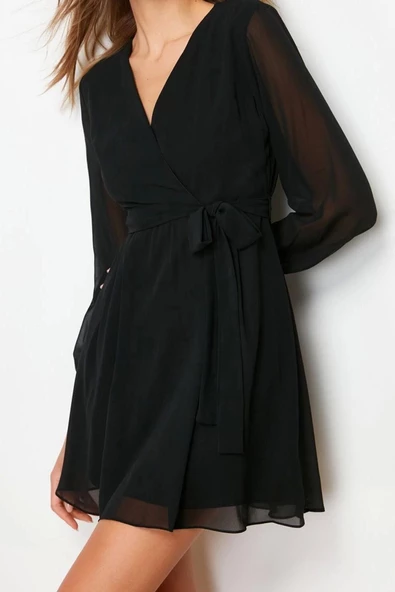 Moda Regular Casual Günlük Şifon Dokuma Kruvaze Uzun Kol A-Line Mini Boy Elbise - Resim 4