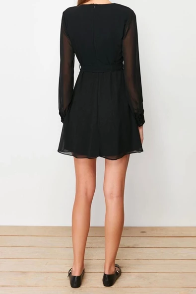 Moda Regular Casual Günlük Şifon Dokuma Kruvaze Uzun Kol A-Line Mini Boy Elbise - Resim 6