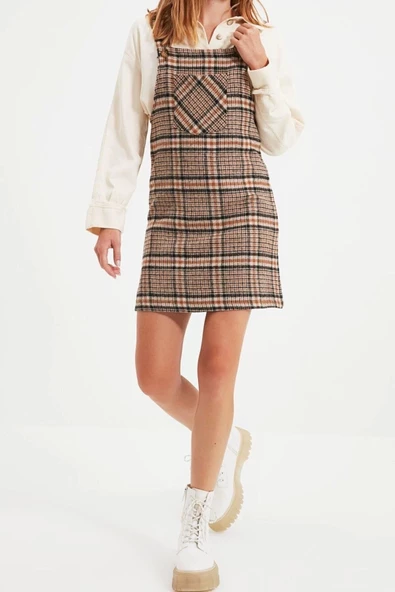 Moda Fit Casual Günlük Flanel Dokuma Kare Yaka Askılı Kol Jile Mini Boy Elbise