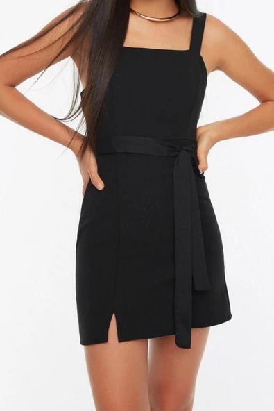 Moda Regular Business Finike Dokuma Kare Yaka Askılı Kol Bodycone Mini Boy Elbise