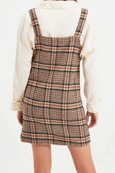 Moda Fit Casual Günlük Flanel Dokuma Kare Yaka Askılı Kol Jile Mini Boy Elbise - Resim 5