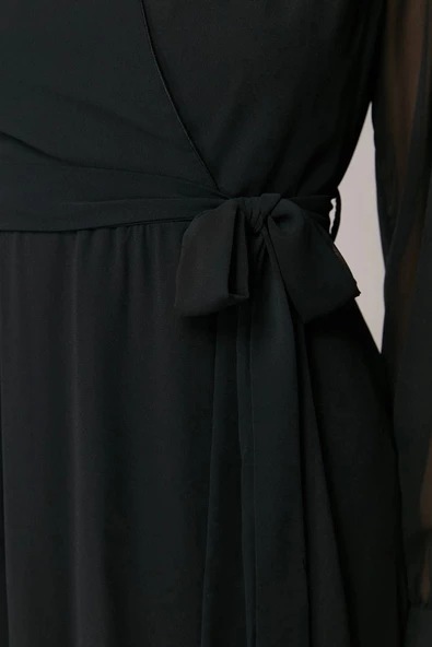 Moda Regular Casual Günlük Şifon Dokuma Kruvaze Uzun Kol A-Line Mini Boy Elbise - Resim 5