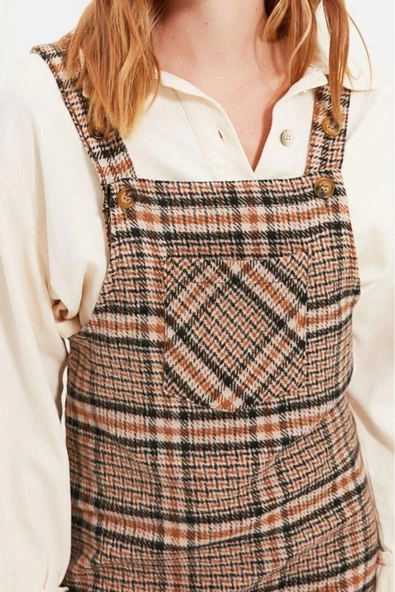 Moda Fit Casual Günlük Flanel Dokuma Kare Yaka Askılı Kol Jile Mini Boy Elbise - Resim 3