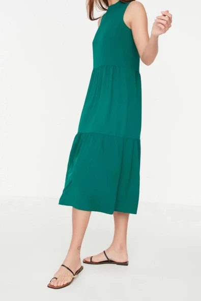 Moda Regular Casual Günlük Aerobin Dokuma Dik Yaka Kolsuz Kol Shift Midi Boy Elbise - 3
