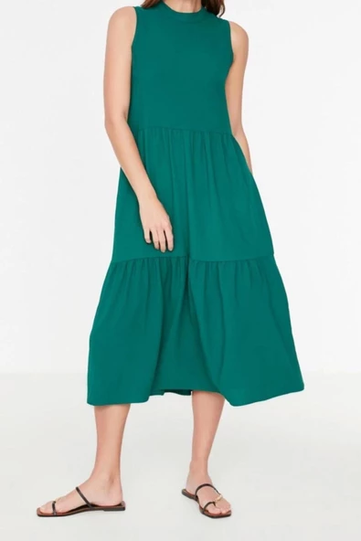 Moda Regular Casual Günlük Aerobin Dokuma Dik Yaka Kolsuz Kol Shift Midi Boy Elbise - 6
