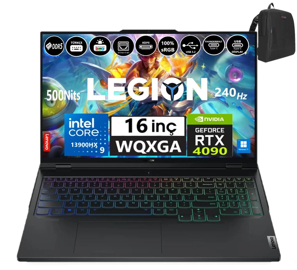 Lenovo Legion Pro 7 16IRX8H Intel I9-13900HX 32GB Ddr5 2tb SSD 16GB/RTX4090 175W Freedos 16" 240HZ Wqxga 500NIT Taşınabilir Bilgisayar LEG82WQ00AWTX07+WEBLEGELSINÇANTA
