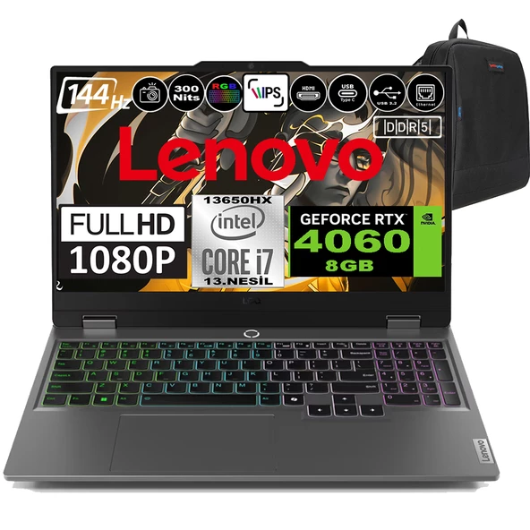 Lenovo Loq 15IRX9 Intel Core I7 13650HX Ddr5 64GB 4tb SSD RTX4060-8GB 300NITS 15.6" 144Hz Fhd Windows 11 Home Taşınabilir Bilgisayar 83DV00G3TRH12 + Zetta Çanta
