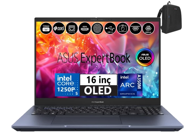 Asus Expertbook WB5602CBN-L20164 Intel Core I5 1250P 32GB Ddr5 4tb SSD 16" OLED 4K 4gb ARCA350M WINDOWS11HOME Taşınabilir Bilgisayar WL2016444+WEBLEGELSINÇANTA