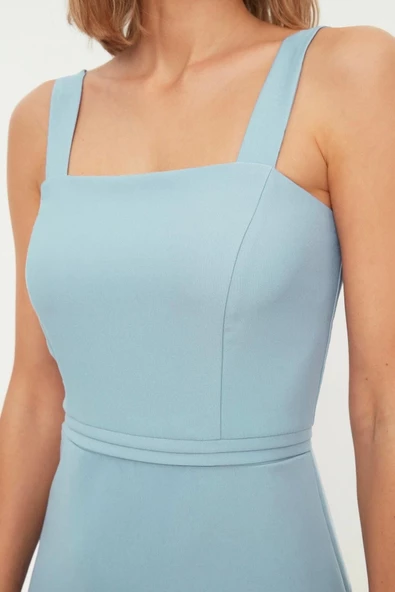 Moda Regular Gündüz Gece Finike Dokuma Kare Yaka Askılı Kol A-Line Mini Boy Elbise - 4
