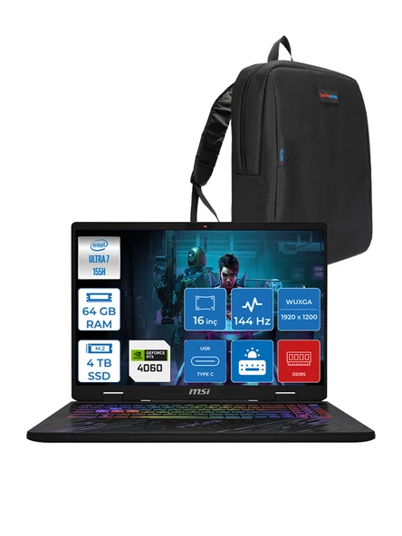 Pulse 16 Aı Intel Core Ultra 7 155H 64GB Ddr5 4tb SSD 8GB/RTX4060/140W 16" IPS Wuxga 144Hz WIN11HOME Taşınabilir Bilgisayar MS87XTRH22 + Zettaçanta