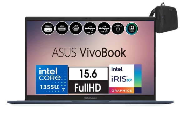 Asus Vivobook 15 WEBX1504VA-NJ413 Intel I7-1355U 40GB 2tb SSD Freedos 15.6 Fhd Taşınabilir Bilgisayar WX1504VANJ41324+ZETTAÇANTA