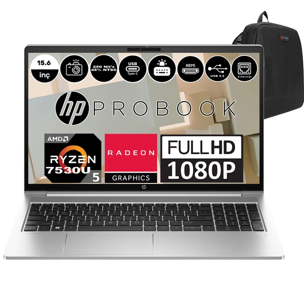 Hp Probook 455 G10 Amd Ryzen 5 7530U 24GB 256GB SSD Amd Radeon™ Graphics Windows 11 Pro 15.6" Fhd Taşınabilir Bilgisayar 854S1ESP11+ Zetta Çanta ürün görseli 1