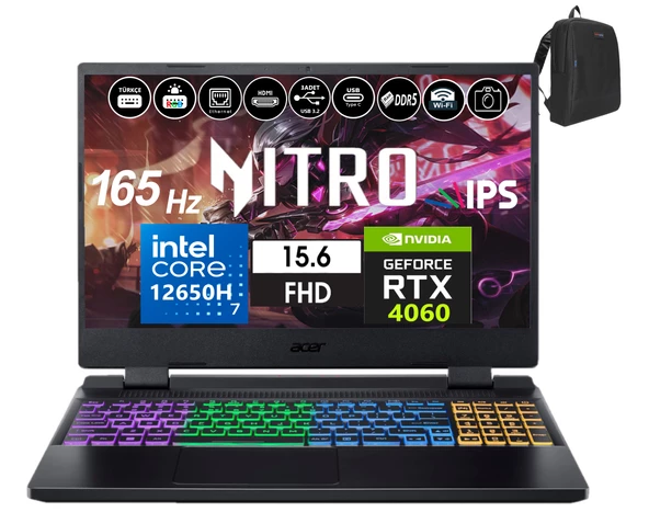 Acer Nitro 5 AN515-58 Intel Core I7-12650H 32GB Ddr5 2tb SSD 8GB/RTX4060 WINDOWS11HOME 15.6" 165Hz Fhd IPS Taşınabilir Bilgisayar WNHQM0EY00B27+WEBLEGELSINÇANTA