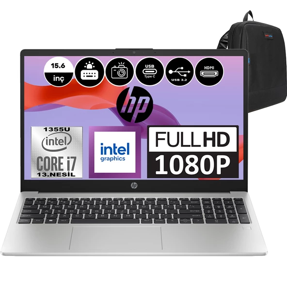 Hp 250 G10 Intel Core I7 1355U 16GB 512GB SSD Intel® Iris® Xᵉ Windows 11 Home 15.6" Fhd Taşınabilir Bilgisayar 9G1E6ETH06 + Weblegelsin Çanta