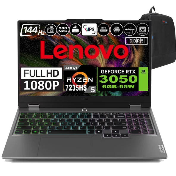 Lenovo Loq 15ARP9 Amd Ryzen 5 7235HS Ddr5 64GB 1tb SSD RTX3050-6GB 300NITS 15.6" 144Hz Fhd Windows 11 Pro Taşınabilir Bilgisayar 83JC000PTRP10 + Zetta Çanta