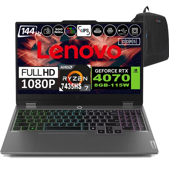 Lenovo Loq 15ARP9 Amd Ryzen 7 7435HS Ddr5 64GB 512GB SSD RTX4070-8GB 300NITS 15.6" 144Hz Fhd Freedos Taşınabilir Bilgisayar 83JC00CUTRF09 + Zetta Çanta