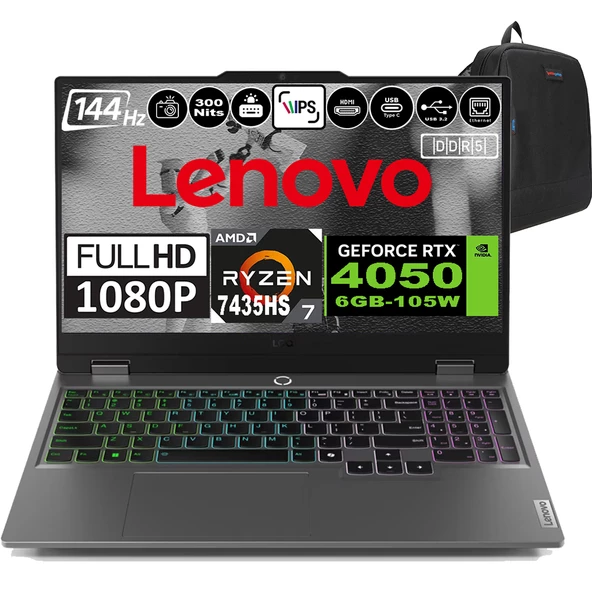 Lenovo Loq 15ARP9 Amd Ryzen 7 7435HS Ddr5 96GB 4tb SSD RTX4050-6GB 300NITS 15.6" 144Hz Fhd Windows 11 Pro Taşınabilir Bilgisayar 83JC00CRTRP16 + Zetta Çanta