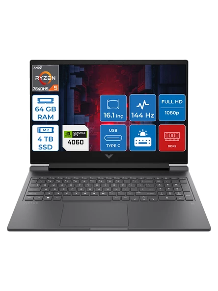 HP Victus 16-S0035NT Ryzen 5 7640HS 64GB Ddr5 4tb SSD 8GB/RTX4060/120W Windows 11 Pro 16.1" Fhd IPS 144Hz Taşınabilir Bilgisayar HP7Z5Z2EAP19 + Zettaçanta