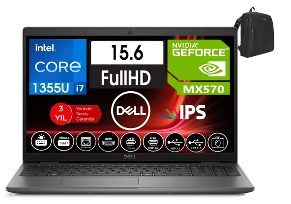 Dell Latitude 3550 Intel Core I7 1355U 96GB Ddr5 256GB SSD  15.6" Fhd IPS MX570 WINDOWS11PRO Taşınabilir Bilgisayar WN012L54501446+ZETTAÇANTA