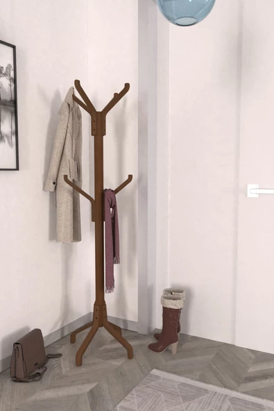 Vesti Ahşap Ayaklı Kestane Portmanto Elbise Askılığı