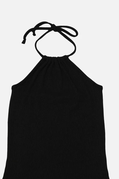 Moda Slim Casual Günlük Kaşkorse Örme Boyundan Bağlamalı Kolsuz Kol Bodycone Midi Boy Elbise