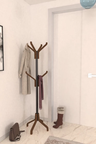 Vesti Ahşap Kestane Ayaklı Metal Portmanto Elbise Askılığı