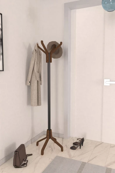 Vesti Ahşap Kestane Ayaklı Metal Portmanto Elbise Askılığı