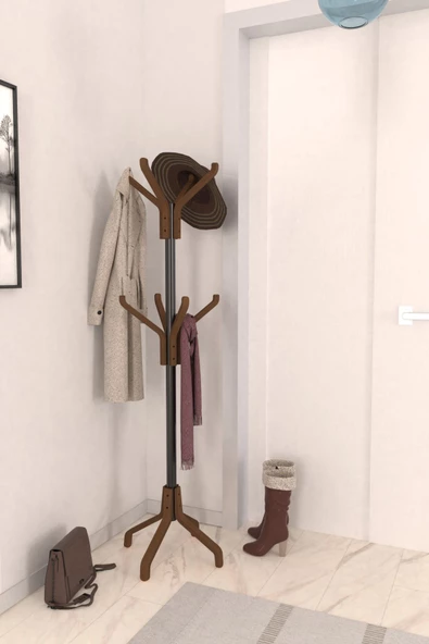 Vesti Ahşap Kestane Ayaklı Metal Portmanto Elbise Askılığı