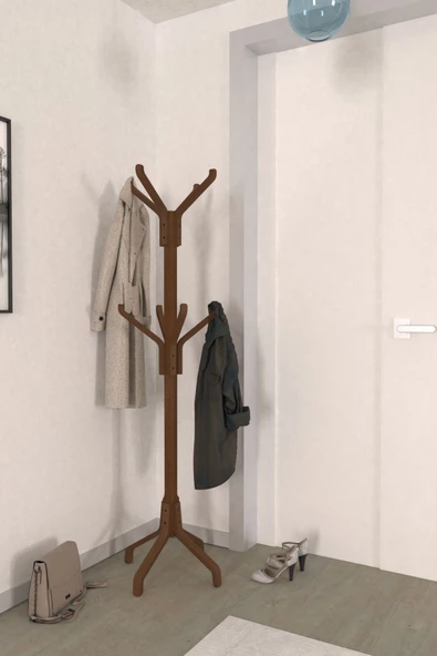 Vesti Ahşap Ayaklı Kestane Portmanto Elbise Askılığı