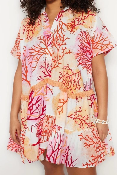 Moda Rahat Plaj Günlük Vual Dokuma Gömlek Yaka Kısa Kol Skater Midi Boy Büyük Beden Elbise - Resim 5