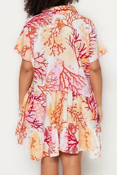 Moda Rahat Plaj Günlük Vual Dokuma Gömlek Yaka Kısa Kol Skater Midi Boy Büyük Beden Elbise - Resim 6