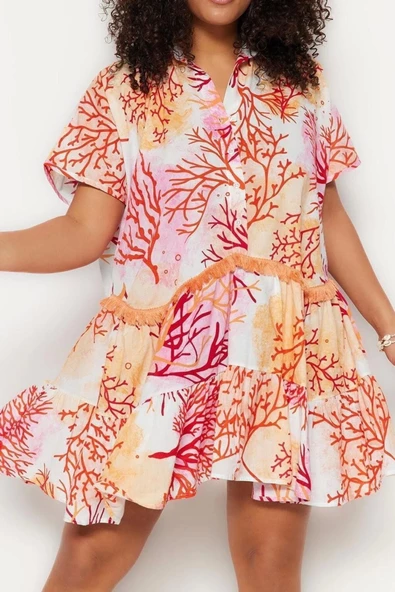 Moda Rahat Plaj Günlük Vual Dokuma Gömlek Yaka Kısa Kol Skater Midi Boy Büyük Beden Elbise - Resim 2