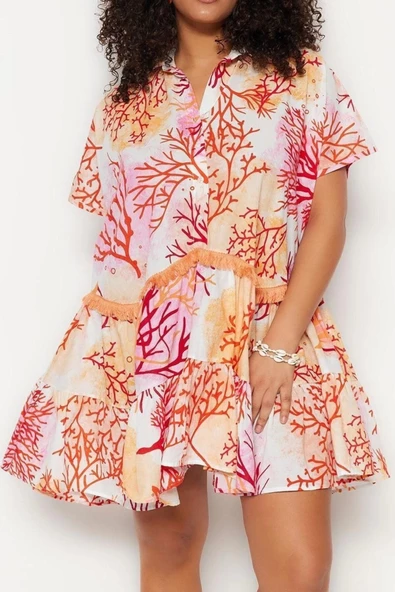 Moda Rahat Plaj Günlük Vual Dokuma Gömlek Yaka Kısa Kol Skater Midi Boy Büyük Beden Elbise - Resim 3